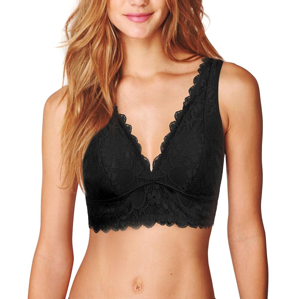 Women Black Lace Deep V With Removable Pads Wirefree Bralette - Nebility