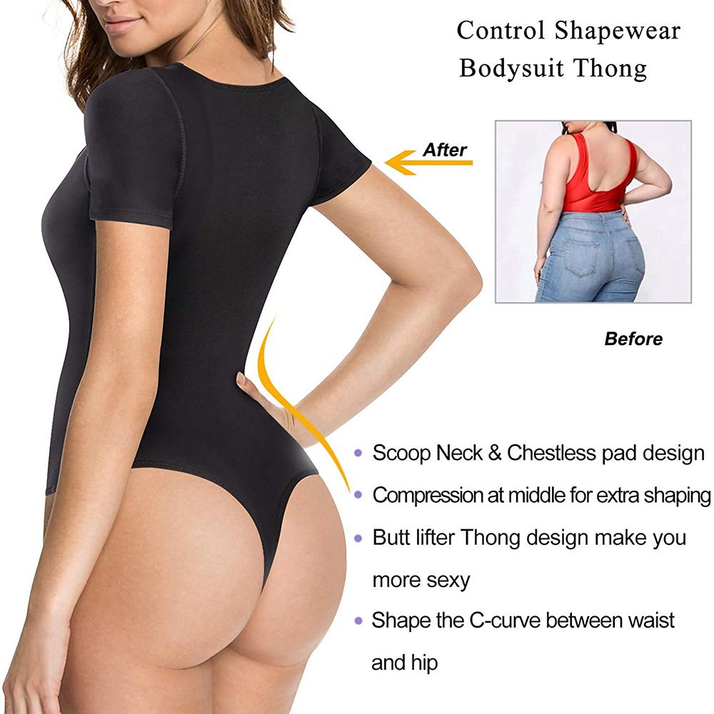 Round Neck Shapewear Thong Bodysuit With Short Sleeve - Nebility 