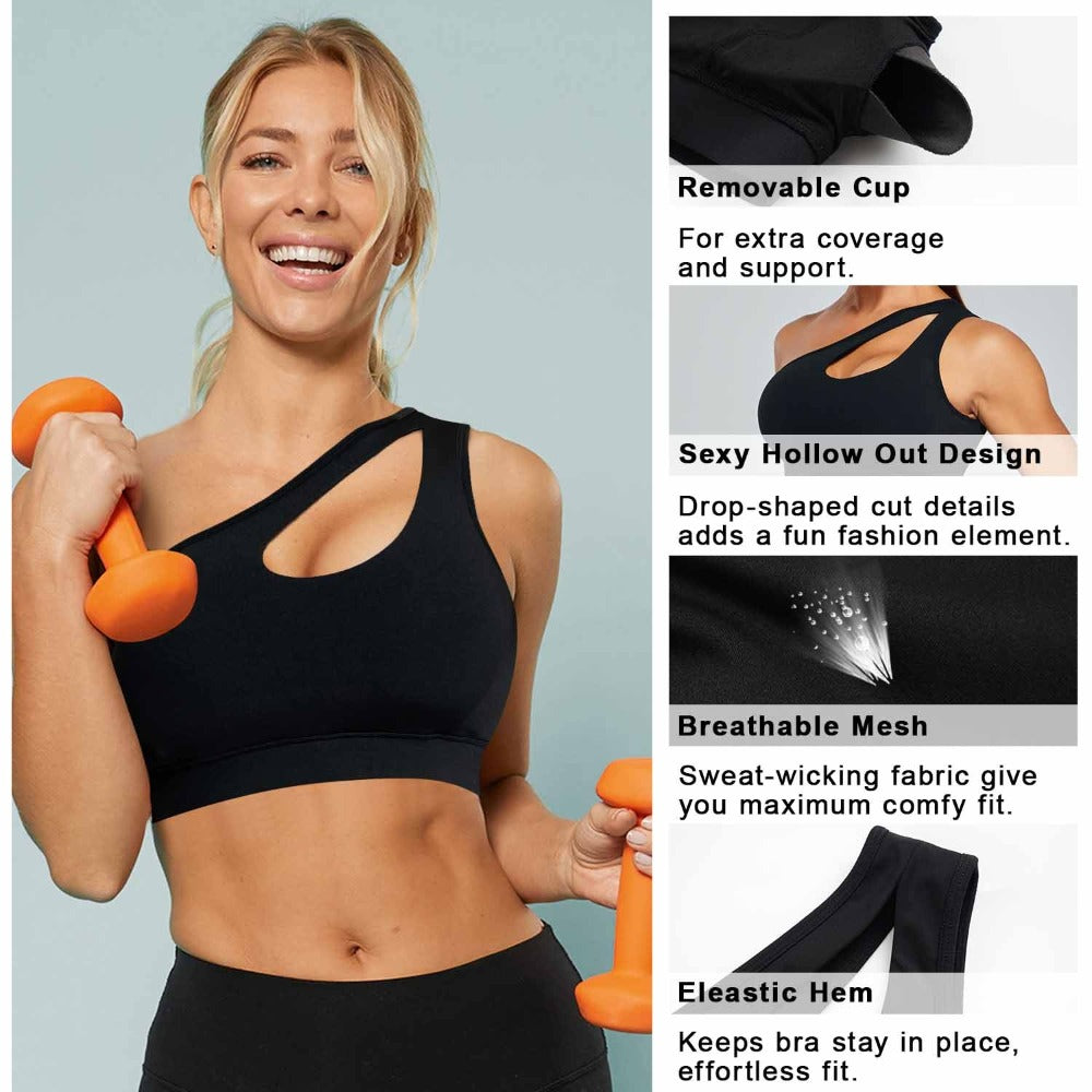 Nebility Women One Shoulder Hollow Out Sports Bra with Padded