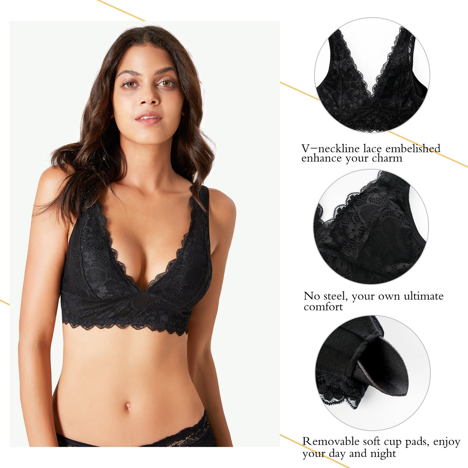 Women Black Lace Deep V With Removable Pads Wirefree Bralette Details - Nebility