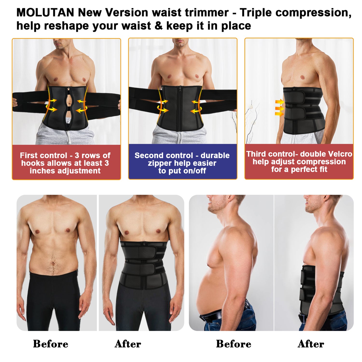 Men's Black 2 Straps Breathable Hole Waist Trainer before and after- Nebility