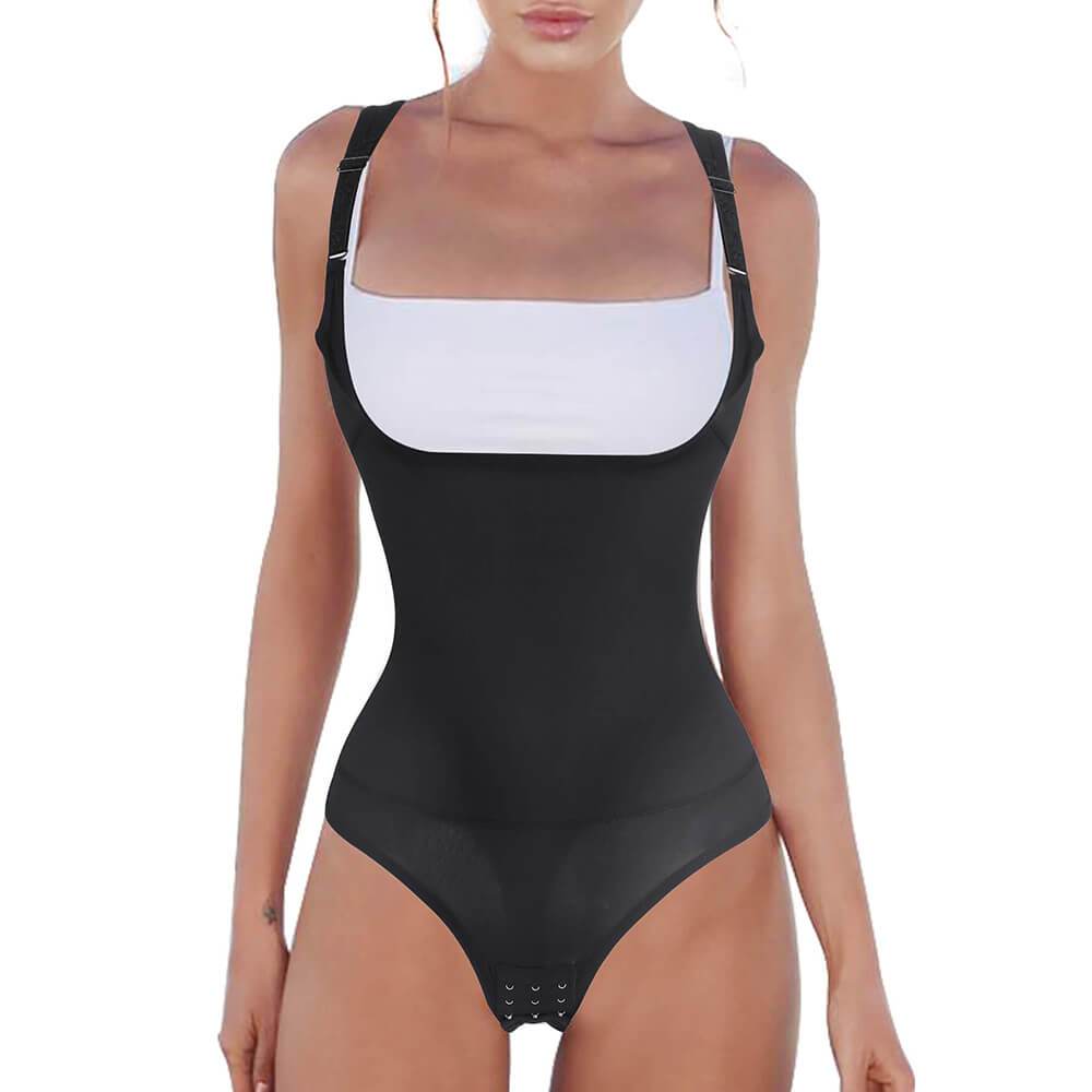 Womens Black Tummy Control Bodysuit Thong Body Shapewear Full Body Underbust - Nebility